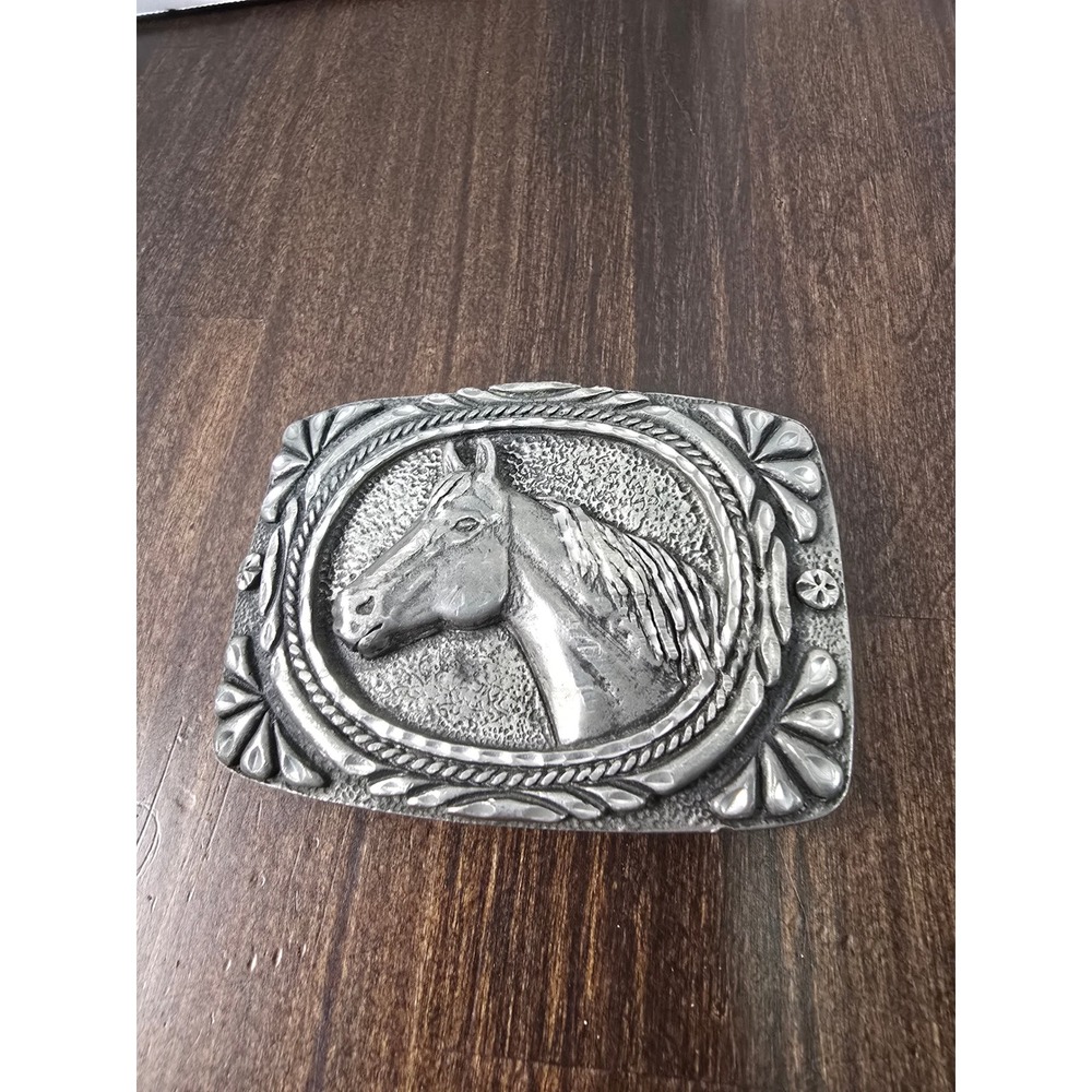 Vintage EGE USA Horse Head Pewter Belt Buckle Western Equestrian Silver Tone